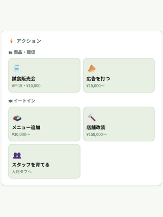 舞昆アパート茶屋のゲーム画面「店舗アクション メニュー追加や改装で店を育てる」