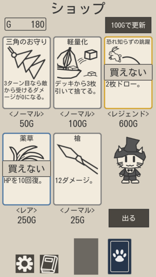 ユウゴローグ：勇者が５回戦うローグライトのゲーム画面「ショップはお金がある限り買えます」