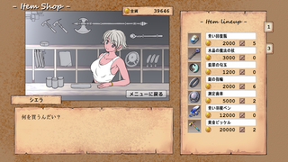 宝石探検物語（体験版）のゲーム画面「アイテムショップです。ここでアイテムの売買が出来ます。」
