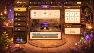 アルケミーパズルのゲーム画面「二つの素材を坩堝に入れて新しいものを錬成」