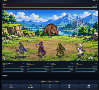 約束のクロニクルのゲーム画面「味方4人＋モンスター＋HP/MP＋コマンドが見える状態。できればボス戦が映えます⚔️」