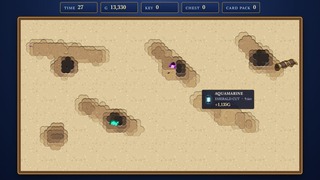 王国宝探しのゲーム画面「押しっぱなしで砂利を掘り、宝石や宝箱を掘り当てる。制限時間は60秒」
