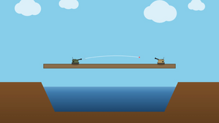Wind & Tanksのゲーム画面「戦車が橋の上で撃ち合う。落ちれば水の中」