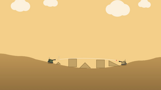 Wind & Tanksのゲーム画面「砂漠のブロックを越えて撃つ。着弾すると地形が削れる」