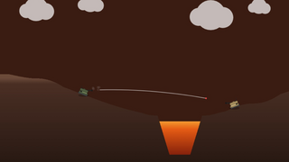 Wind & Tanksのゲーム画面「火山の溶岩に落ちれば一撃。ターン制で1発ずつ撃ち合う戦車ゲーム」