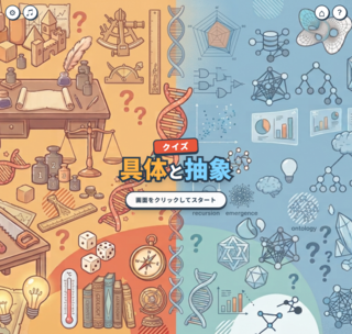 クイズ「具体と抽象」のゲーム画面「タイトル画面（クリックで開始）の」