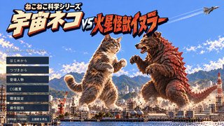 ねこねこ科学シリーズ　宇宙ネコvs火星怪獣イヌラーのゲーム画面「地球のピンチに宇宙ネコが立つ！　実写風特撮ノベル！」