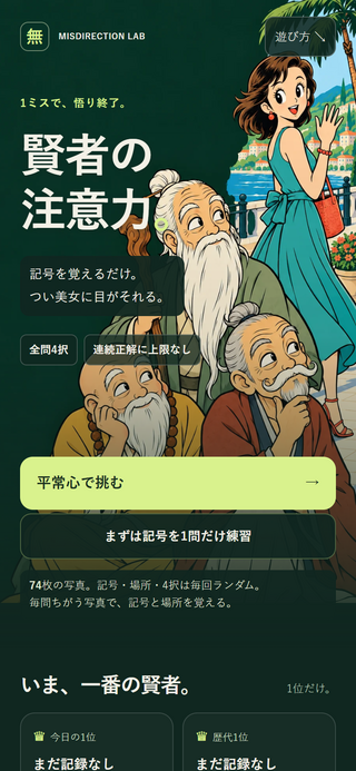 賢者の注意力のゲーム画面「美女が気になる賢者たちのタイトル画面」