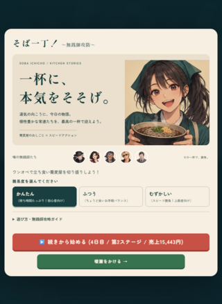 そば一丁！～無銭師攻防～のゲーム画面「立ち食い蕎麦屋の営業が始まる」