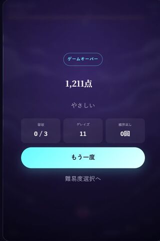 東方シューティングのゲーム画面「実際のゲームオーバー結果と再挑戦」