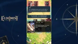 ELDOMENT(エルドメント)戦闘体験版のゲーム画面「カードの詳細とスキル使用のガイド。タップ・ドラッグで対象を選んで使用」