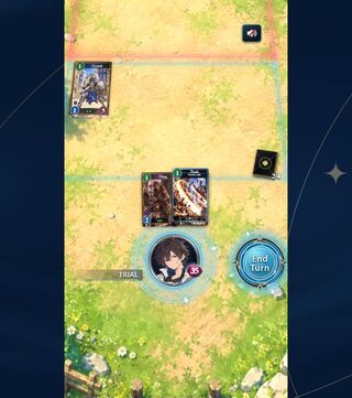 ELDOMENT(エルドメント)戦闘体験版のゲーム画面「前衛・後衛への配置と、手札のスキルを組み合わせて戦う」