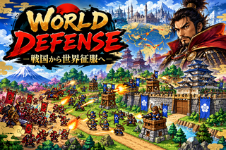WORLD DEFENSE ～戦国から世界征服へ～のゲーム画面「戦国の武将と兵士が繰り広げる攻防戦！」