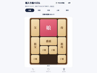 箱入り娘パズルのゲーム画面「定番の配置。娘を下の出口まで運べばクリア」