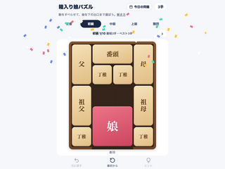 箱入り娘パズルのゲーム画面「娘が出口に着いたらクリア。最短手数で解けたかも記録」